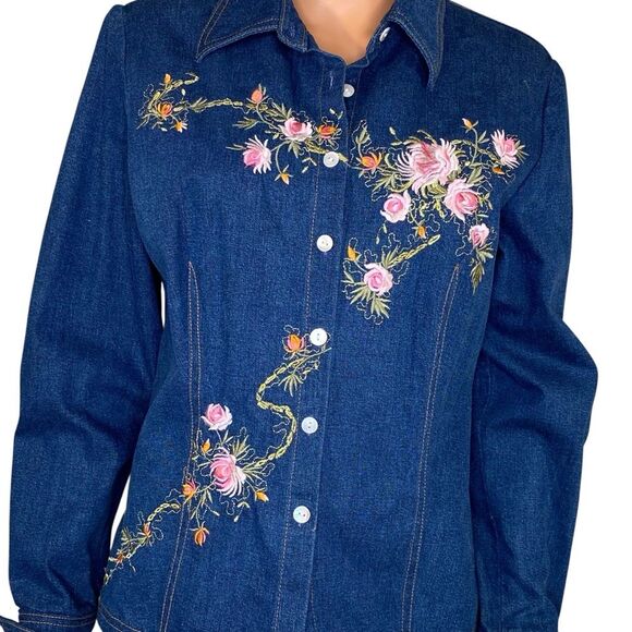 Revue Floral Embroidered Denim Jean Shirt Womens Size 8 Button Down Long Sleeve - Picture 2 of 6